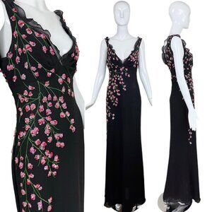 VALENTINO BOUTIQUE 90's Vintage Floral Beaded Black Silk Gown Maxi Dress